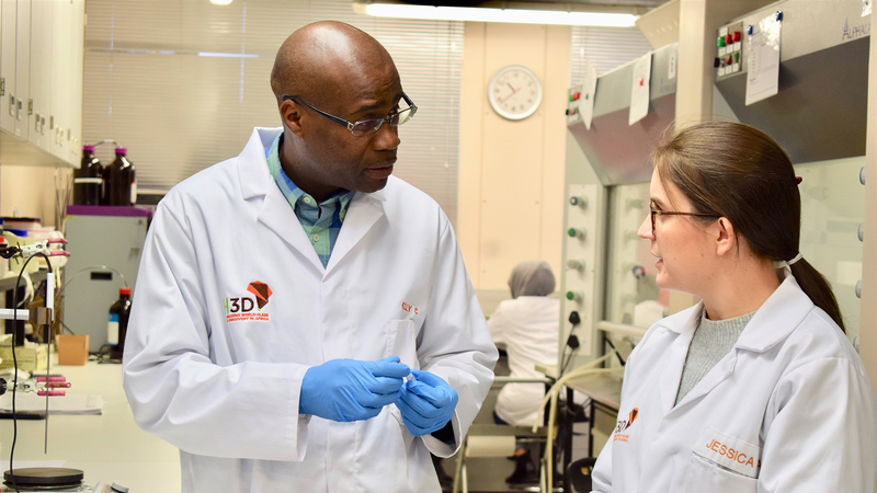 H3D director Prof Kelly Chibale, who will hold the initial five-year Neville Isdell Chair in African-centric Drug Discovery and Development at UCT, in the laboratory with scientific officer Jessica Akester.