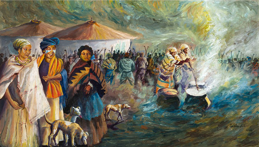 Ndikhumbule Ngqinambi: Figures and dogs in a landscape, 2006