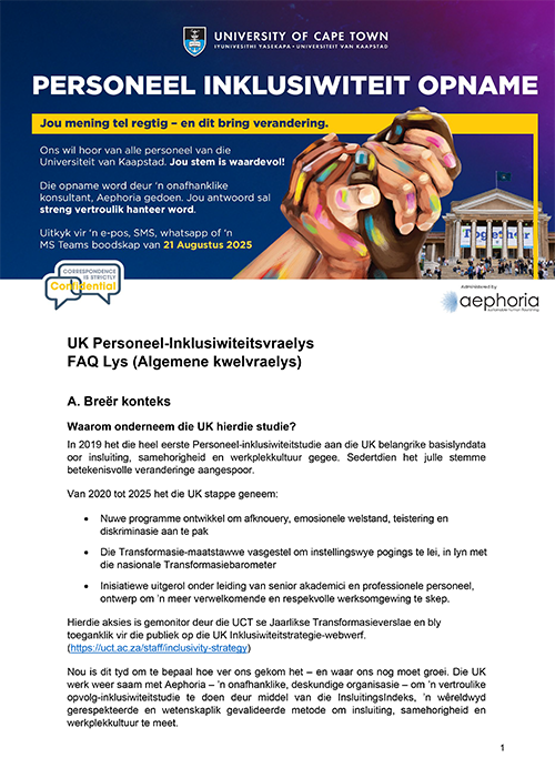 UCT Staff Inclusivity Survey 2025 - FAQ - Afrikaans - Cover