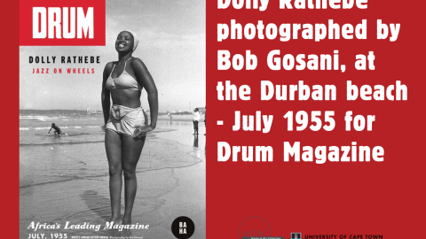 Dolly Rathebe photographed by Bob Gosani, at the Durban beach – July 1955 for Drum Magazine. Written by Luvuyo Equiano Nyawose