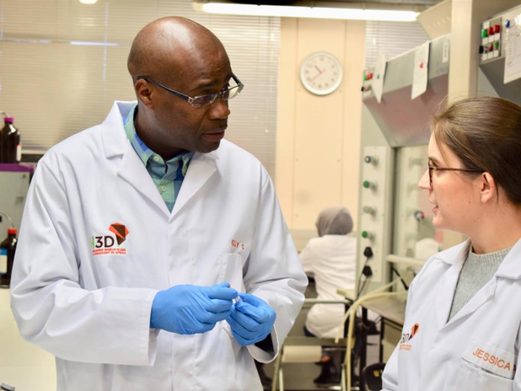 H3D director Prof Kelly Chibale, who will hold the initial five-year Neville Isdell Chair in African-centric Drug Discovery and Development at UCT, in the laboratory with scientific officer Jessica Akester.